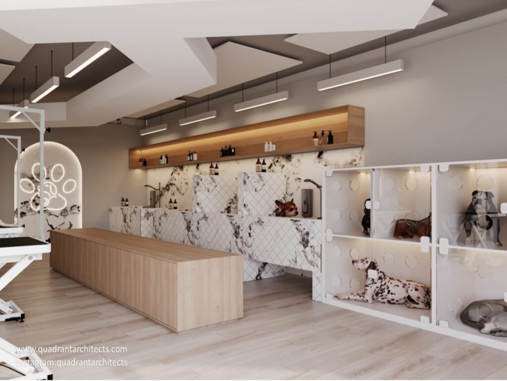 Modern dog grooming salon interior in Toronto with tile counters, wood finishes, pet kennels, and stylish lighting design by Quadrant Architects