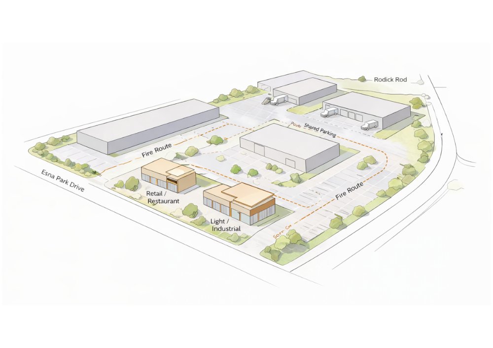 Proposed commercial and industrial redevelopment concept at 50 Esna Park Drive, Markham by Quadrant Architects