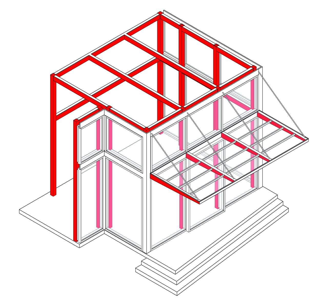 Structural diagram showing curtain wall mullions aligned with the HSS steel frame at an industrial office entrance, 1200 Denison Street, Markham