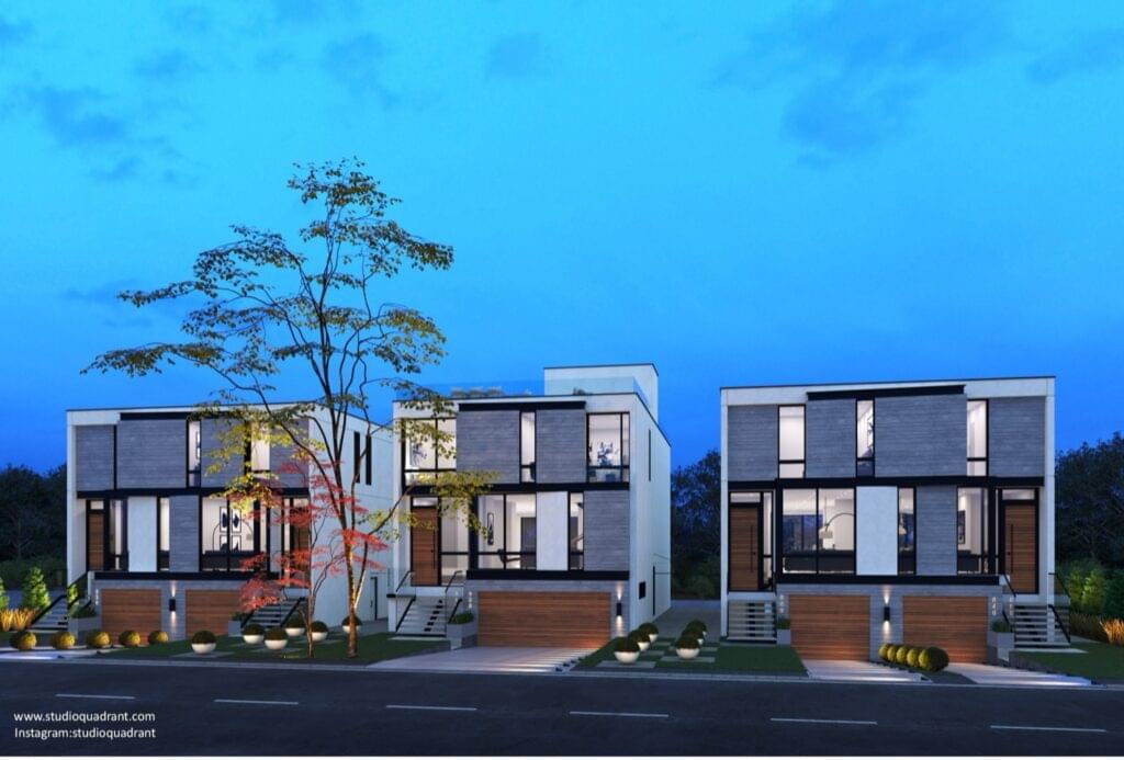 Three modern homes built after lot severance in Toronto showing multiple properties created from single lot development.