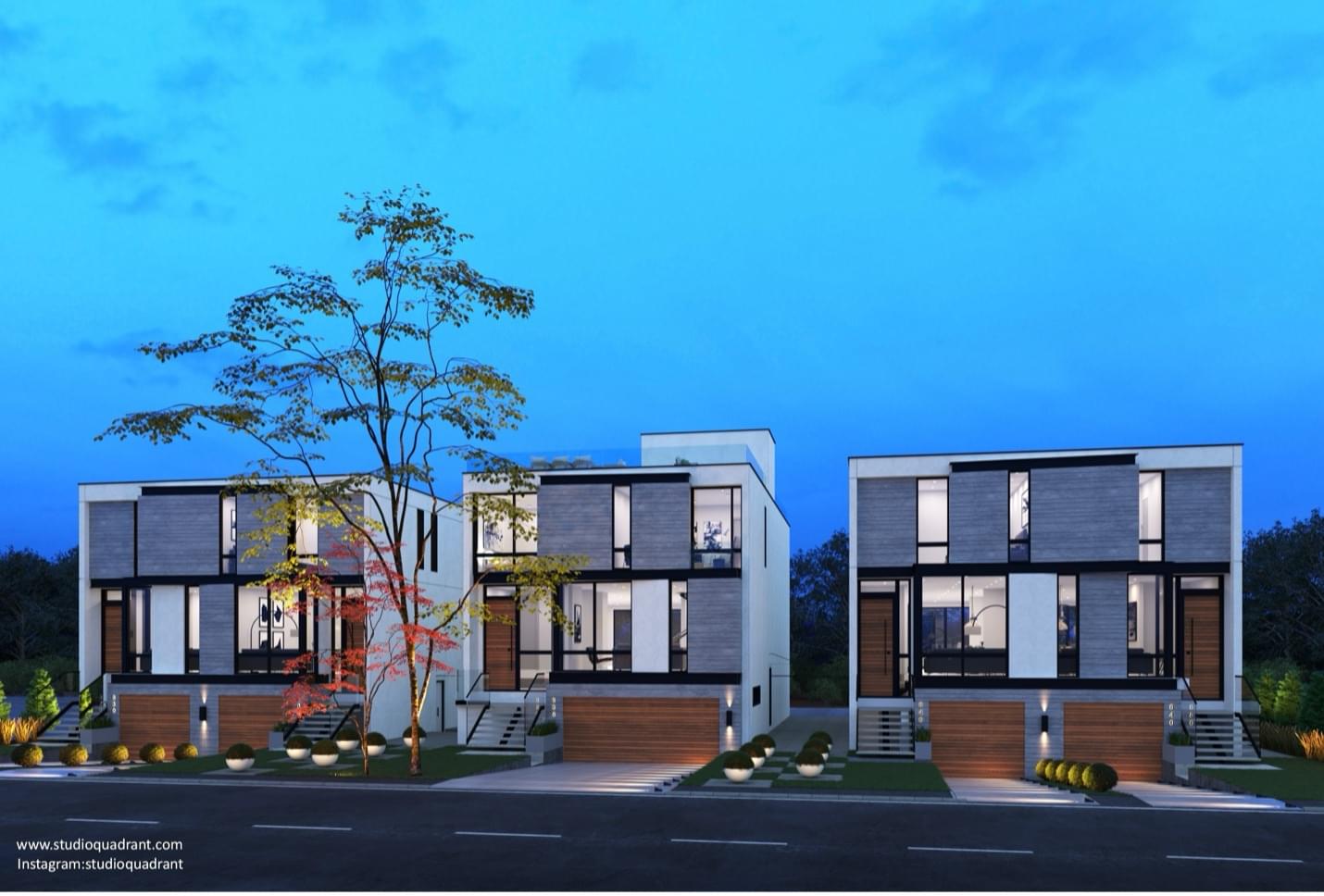 Three modern homes built after lot severance in Toronto showing multiple properties created from single lot development.