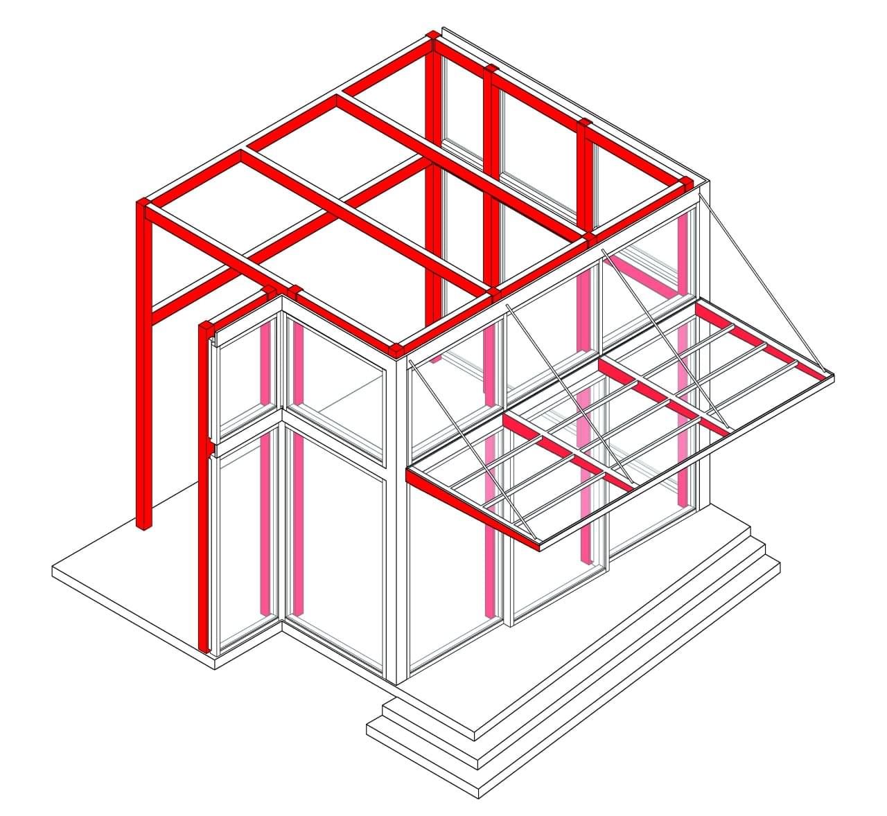 Structural diagram showing curtain wall mullions aligned with the HSS steel frame at an industrial office entrance, 1200 Denison Street, Markham
