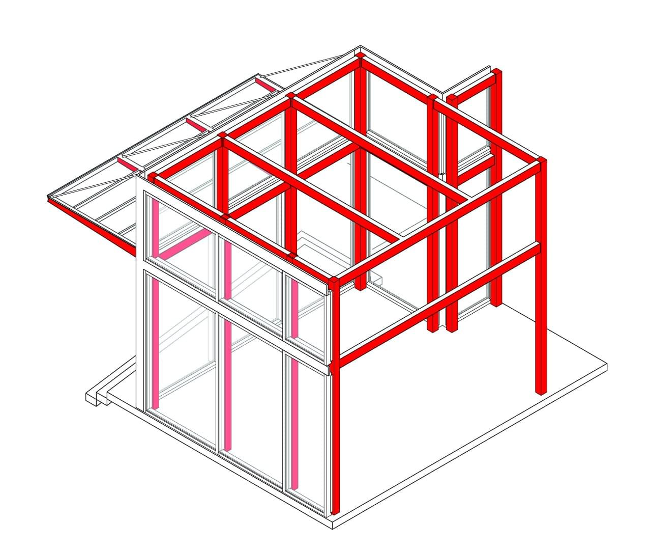 Isometric diagram of 6 x 6 HSS steel frame supporting both the entrance roof and aluminum curtain wall, industrial building in Markham